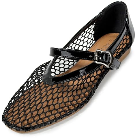 MISSCAI Ballerines Femme Été Mary Jane en Maille Ajourée Chaussures Plates Élégantes avec Bride et Boucle Bout Fermé Ballerines Respirantes pour Bureau Mariage et Casual Noir 39
