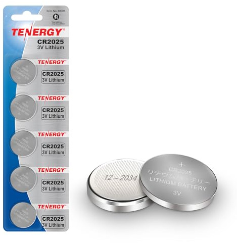 Tenergy 3V CR2025 Batteries, Lithium Button Coin Cell 2025 Battery, for Key FOBs & Other Devices, 5 Count