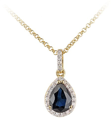 Naava Women's 18ct Yellow Gold Sapphire and Diamond Teardrop Pendant Necklace of Length 40cm