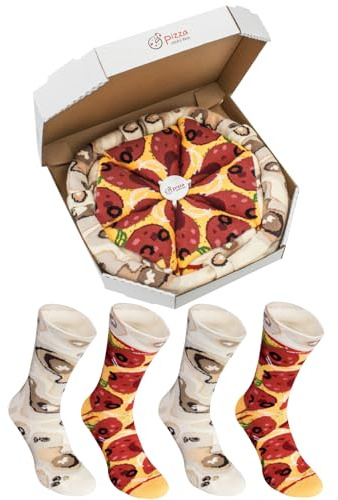 Pizza Socks Box - Pizza Peppéroni - 4 paires de Chaussettes FANTAISIE Uniques et Originales, Multicolore, 41 - 46