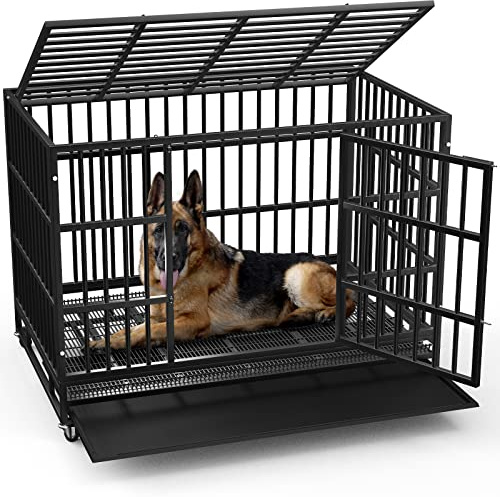 LEMBERI 48 Inch Heavy Duty Indestructible Dog Crate, Escape Proof Double Door Dog Kennel with Lockable Wheels, High Anxiety Extra Large Dog Cage Indoor Use, with Removable Tray