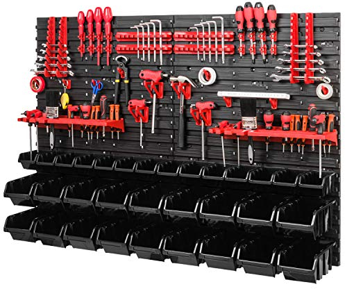 PAFEN sistema di stoccaggio – 1152 x 780 mm – Mensola da parete con scatole impilabili nere – Supporto per attrezzi – Scaffale da parete extra forte