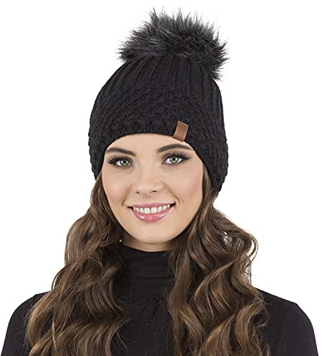 Vivisence Mujer Gorro De Invierno Forro Polar Suave Calidez Diaria con Pompón, Negro,Talla Única