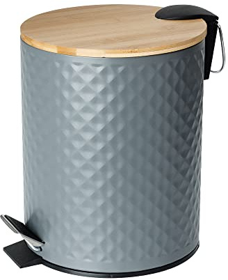 Blue Canyon Bamboo Lid Pedal Bin | Modern Stylish Trash Can | 5L for Kitchen, Bathroom, Bedroom, Office | Anti-Fingerprint Stainless Steel | Round Waste Bin | Grey & Bamboo