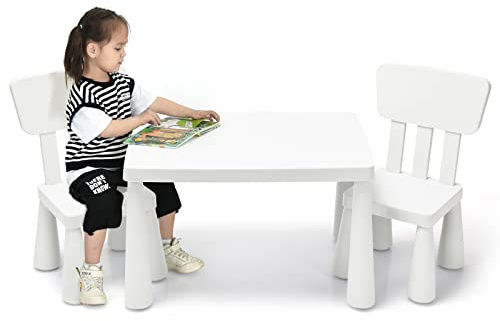 COSTWAY 3-Piece Kids Table and Chairs Set, Lightweight Plastic Children Activity Center for Reading, Writing, Painting, Snack Time, Kids Furniture Art Study Desk & Chairs Set for Ages 1-7 (White)
