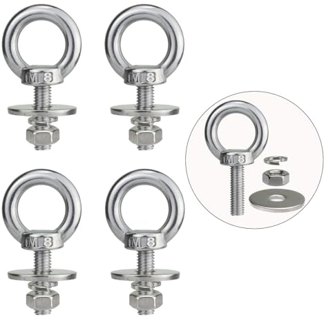 QWETRY M8 Stainless Steel Eye Bolts with Nuts 4 Pack, 5/16 x 1 Lifting Ring Eye Bolt for Tire Swing Boat (Metric M6 – M14 x 1 2 4 6 inch Available), Threaded Shoulder Eyebolts Hang Tie Down Outdoor