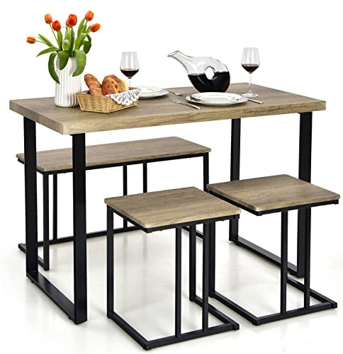 COSTWAY Dining Table and 2 Stool Set with 1 Bench, 4 Pieces Industrial Breakfast Table Chair Set with Reinforced Bar, Metal Frame Dining Room Furniture for Home Kitchen, Oak Grey