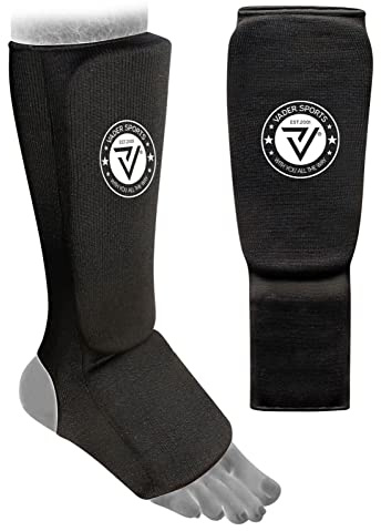 VADER Elasticated Shin Instep Pads Kickboxing MMA Muay Thai Shin Guards Protective Leg Foot Pad for Karate Taekwondo Martial Arts Training Sparring Kids/Adults (S Kids- 7-9Yrs, Black)
