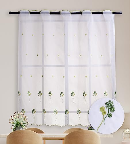 Viste tu hogar Cortina Cocina 90x145cm Blanca Traslúcida con Bordados para Ventana Corta, Visillos 100% Poliéster Cortos Translúcida para Ventanas y Marco de Puerta - Trebol