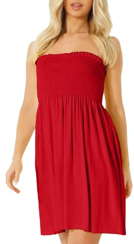 NetSetUK Women's Strapless Sheering Boob Tube Gather Oversized Plus Size Elasticated Bust Bandeau Plain Beach Summer Sleeveless Top Mini Dress for Ladies 8-22 Red