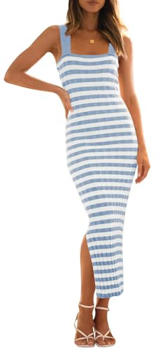 MEROKEETY Womens Summer Striped Bodycon Midi Dress 2026 Beach Vacation Sleeveless Tank Ribbed Knit Baby Shower Sweater Dress, Blue, S