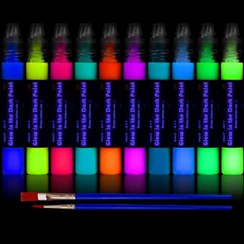 HOMY ARTY 10×30ml Nachtleuchtende Farben, Textilfarbe Farbe 3D Wasserfest, glow in the dark Farben, Fluoreszierende Farbe DIY Stofffarben Klebestift für Kindermalerei, Leinwand Textil