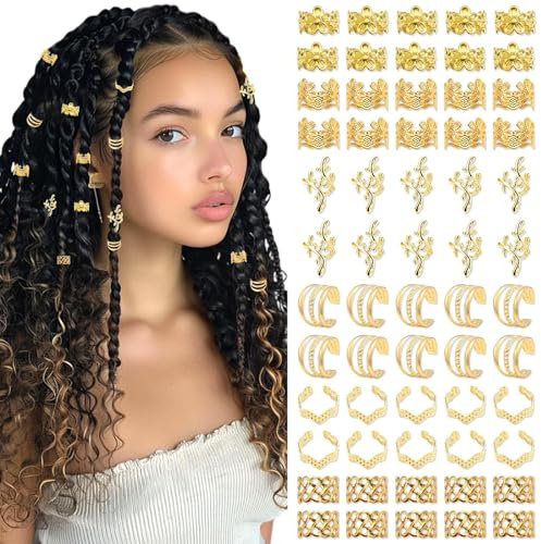 Ruzister 60 Stück Goldene Haarschmuck für Zöpfe, Dreadlocks und Braids, Haarspiralen und Cuff Clips, Loc Schmuck für Männer, Frauen, verstellbare Haarmanschettenringe