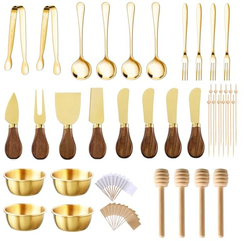 46Pcs Charcuterie Boards Accessories Small Serving Utensil Set Cheese Butter Spreader Knives Mini Stainless Steel Cutlery Tong Spoon Fork Bowl Wooden Toothpick for Kitchen Wedding Christmas Gift(Gold)