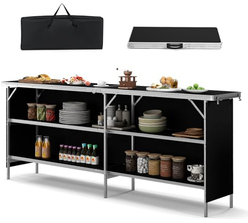 KOMFOTTEU Cucina da campeggio con 3 livelli, pieghevole con borsa per il trasporto, tavolo da picnic pieghevole in alluminio, tavolo pieghevole per picnic, barbecue, feste (nero esteso)