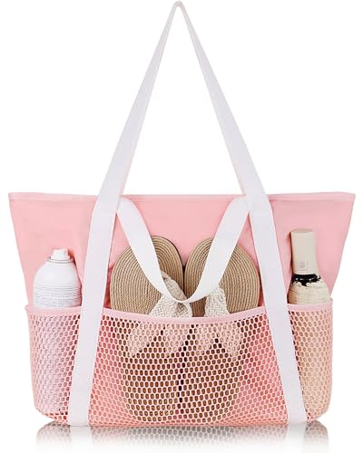 HOMESPON Women's Beach Bag with Zip Large Waterproof Mesh Swimming Bag Family Foldable Beach Tote Bag Shopper
