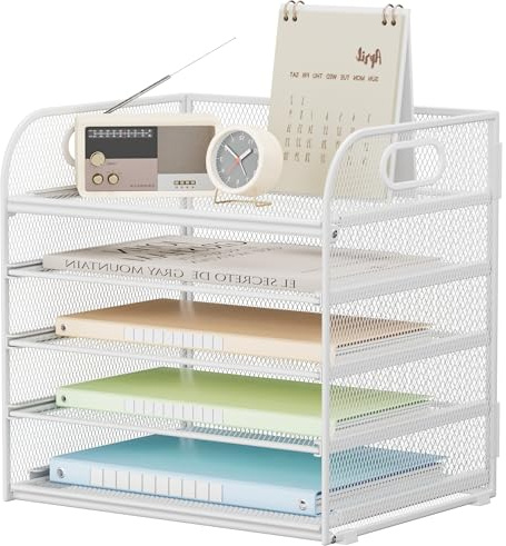 VITVITI Schreibtisch Organizer, 5 Ebenen Briefablage, Stapelbare Aktenhalter, Ablagefächer mit Griff, Bürobedarf für A4 Dokumentenablag, Papier, Buch, Magazin (Weiß)