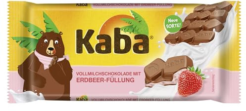 Kaba Vollmilchschokolade mit Erdbeercreme, gefüllte Schokoladentafel, 90g Tafel, zartschmelzende Schokolade mit fruhtiger Erdbeer-Creme mit original Kaba-Geschmack