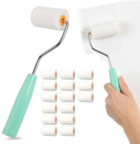 THQAE ensemble de 16 pièces Rouleaux à Peintur,Mini Rouleau à Peinture,Rouleau vernis très fine,pour peindre bois, plinthes, métal, rebords fenêtre,portes,5 * 3.5CM