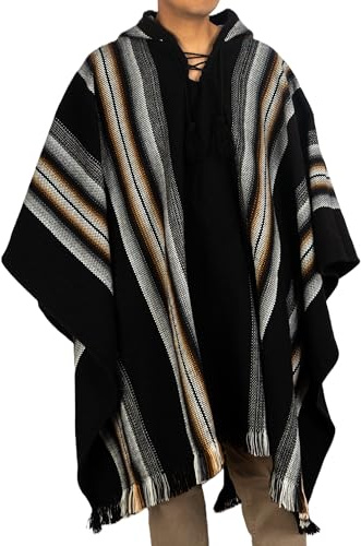 DILUKA Poncho de alpaca para hombre, color negro, gris y marrón, poncho de lana hecho a mano de Perú, cálido poncho andino en diseño tradicional inca, talla única, suave y transpirable