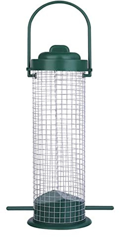 Lerpwige Comedero para pájaros con tapa de malla de metal, tubo salvaje, dispensador de pienso, soporte para bolas de carbonero, herramienta de alimentación para pájaros, color verde metal, red segura