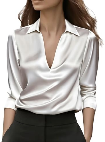 Generico Camicia da Donna Elegante in Raso Camice Manica Lunga con Scollo a V Camicia Basic con Bottoni Estive Primavera Camicetta Morbido Tinta Unita Tunica Blusa per Ufficio, Lavoro, Uscite