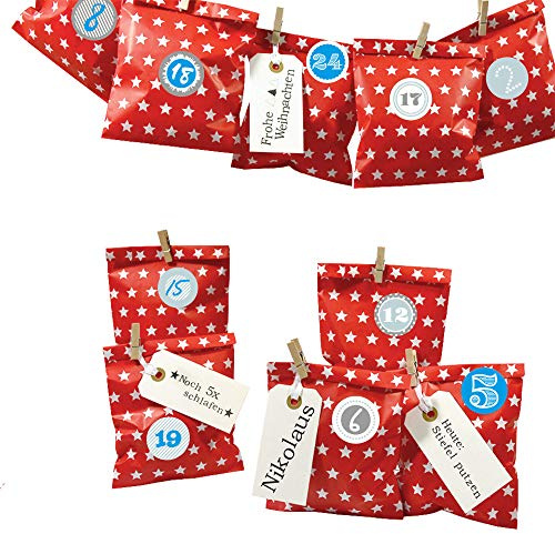 Frau WUNDERVoll® DIY Adventskalender zum Befüllen Bescherung: Set Stern 130, Papiertueten flach 13x16,5cm, rot Stern, Ziffern blau