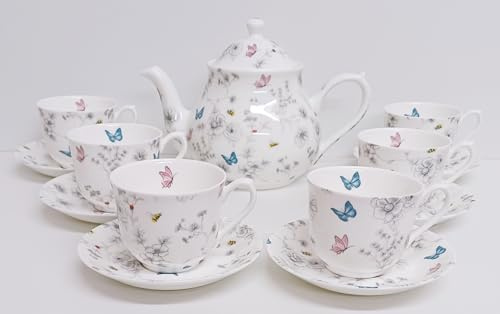 Secret Garden Tea Set 13 Piece Fine Bone China Flowers Butterflies Bees Large Teapot & 6 Cups and 6 Saucers Hand Decorated in UK