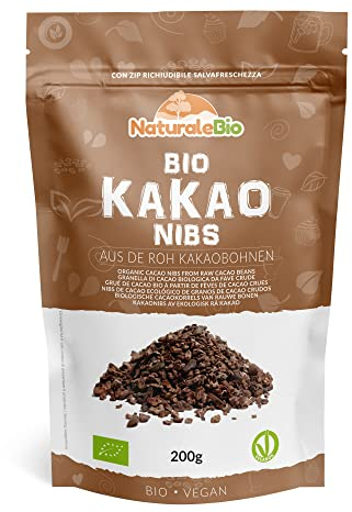 NaturaleBio Grué de Cacao Cru Bio 200g. Organic Raw Nibs. Naturel et Pur à partir de Fèves Crues. Produit par la Plante Theobroma. Source de Magnésium, Potassium et Phosphore.