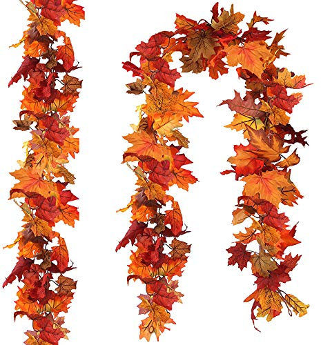 CQURE 2 Pack Artificial Autumn Fall Maple Leaf Garland, 5.9Ft/Piece Fall Leaves Hanging Vine Artificial Autumn Foliage Garland Thanksgiving Decor for Home Wedding Fireplace Party Christmas