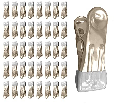 LOYONAL Metal Clothes Pegs For Washing Line - Strong Stainless Steel Pegs - Rubber Coated - Heavy Duty Laundry Drying (Grey) - 40 Pieces