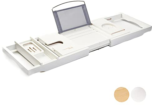 Tranquil Beauty Premium Bath Caddy | Natürliche und nachhaltige Bambus-Badewannenablage | Badetablett mit iPad-, Tablet- und Handyhalter | Ausziehbares und verstellbares Holzregal mit Weinhalter.