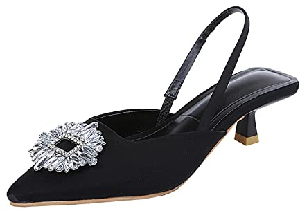 Ladies Slingback Kitten Heel Court Shoes for Women Mid Heel Diamante Pointed Toe Wedding Prom Dress Sandals Black