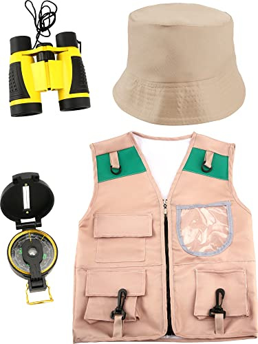 Fahacop Kids Explorer Costume Outdoor Explorer Safari Vest and Hat with Binoculars Compass for Aged 3-7 Boys Girls Camping Hiking Play