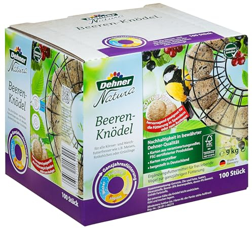 Dehner Natura Premium Meisenknödel ohne Netz, Beerenknödel, ganzjähriges Wildvogelfutter proteinreich / energiereich, 100 Stück je 90 g (9 kg), Karton aus FSC-zertifizierter Produktion