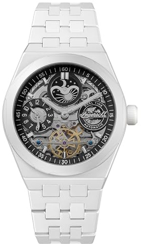Ingersoll 1892, The Broadway, orologio automatico da uomo da 43 mm con quadrante nero e cinturino in ceramica bianco I15101