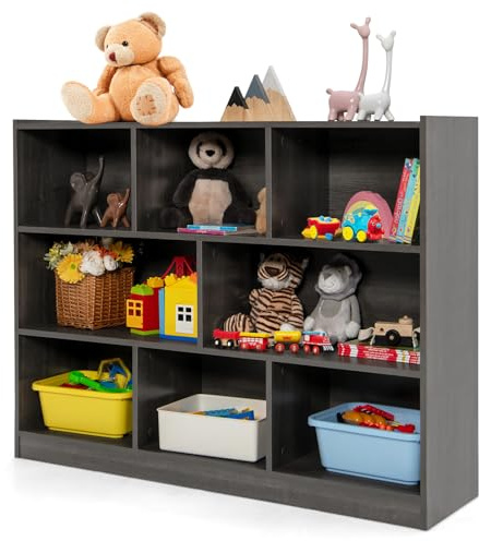 HOMASIS Scaffale per Bambini a 3 Livelli, Libreria per Bambini a 8 Scomparti, Organizzatore Portagiochi in Legno, Mobile Cameretta Multiuso per Libri, Giochi, 122 x 32 x 93 cm (Grigio)