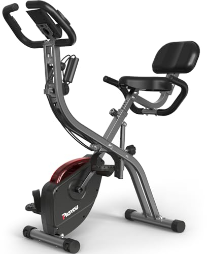 PASYOU 3 IN 1 Heimtrainer Fahrrad, Klappbar Indoor Fahrrad mit 10 Stufen & 7 Sitzhöhen, 10 Magnetische Widerstandsstufen Ergometer Heimtrainer, F-Bike 265LB/120KG Cardiotraining X-Bike für Zuhause
