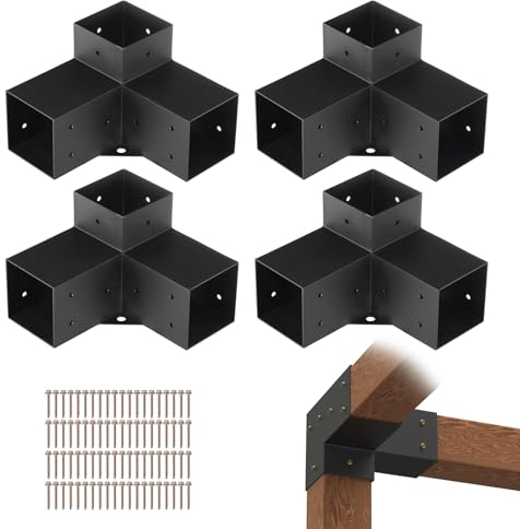 VEVOR Pergola Bracket Kit 4''x4''(Inner Size 3.6x3.6), 4pcs 3-Way Heavy Duty Corner Bracket Woodworks DIY Post Base Kit, Easy Installation Wooden Beams for Gazebos, Patio Pergolas, Log Cabin Outdoor