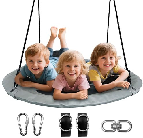 Sheyaoge Nestschaukel Tellerschaukel Hängeschaukel Rundschaukel 100cm Schaukel, mit Kissen Höhenverstellbare Schaukel Outdoor & Indoor für Kinder und Erwachsene -bis 150kg belastbar (Hellgrau)