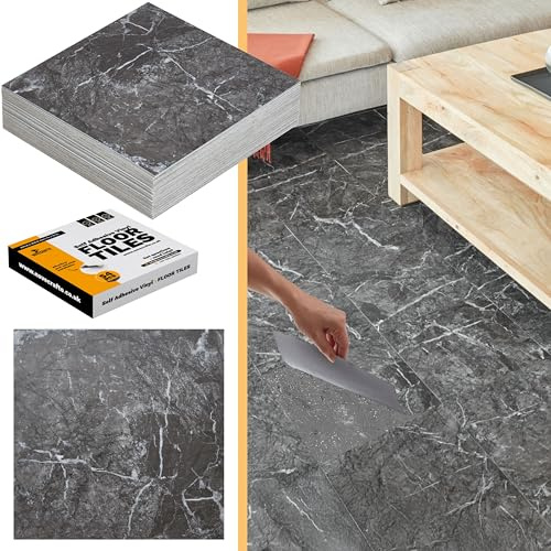 𝐍𝐎𝐕𝐄𝐂𝐑𝐀𝐅𝐓𝐎 Square Self Adhesive Vinyl Floor Tiles - 30 Pack / 67.48 ft² (6.27m²) Peel and Stick Floor Tiles Size 18”x18” (45.72x45.72 cm) Waterproof Kitchen Black Marble Vinyl Flooring