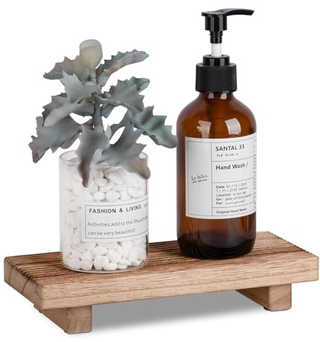 Bathroom Tray Farmhouse Decor Pedestal Stand Wood Riser Display Kitchen Accessories Soap Holder for Sink, Counter, Vanity, 8.7 * 3.6 Brown