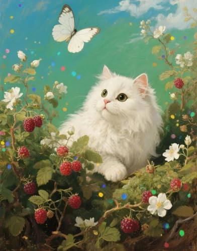 JUYIYUANFUZH Cross Stitch Starter Kits Adults DIY Embroidery Kit with Pattern White Cat in The Raspberry Bush 6 Easy Cross Stitch Kits for Beginners11CT: 40×50Cm
