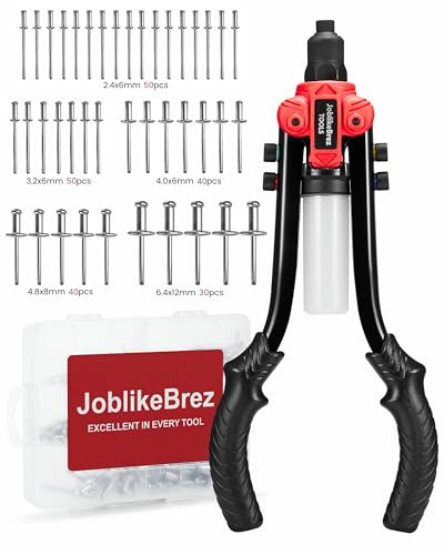 JoblikeBrez Set di pinze per rivetti con 210 rivetti, pinza per rivetti ciechi da 6,4 mm a 2,4 mm, pinza per rivetti a mano, adatta per acciaio inossidabile, acciaio e alluminio