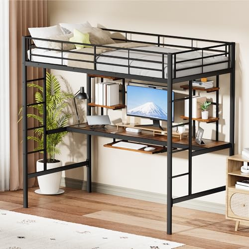 SXTXOZ Letto Soppalco 90x200 cm, Letto A Soppalco con Scrivania Scrivania e Scaffali, In Metallo con Ringhiere di Sicurezza e Scale Antiscivolo Per Ragazzi e Adulti, Nero