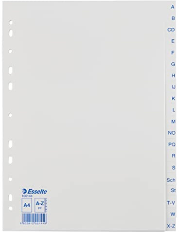 Leitz Esselte Register für A4, 20 Trennblätter, Taben mit alphabetischem Aufdruck A-Z, Blau/weiß, Robuster Kunststoff, 100144