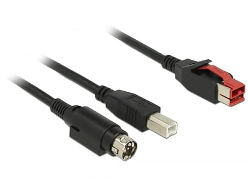 DELOCK PoweredUSB Kabel Stecker 24 V > USB Typ-B Stecker + Hosiden Mini-DIN 3 Pin Stecker 3 m für POS Drucker und Terminals