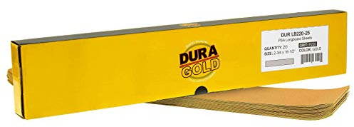 Dura-Gold Premium 220 Grit Gold Pre-Cut PSA Longboard Sandpaper Sheets, Box of 20, 2-3/4 x 16-1/2 Self-Adhesive Stickyback Sandpaper for Automotive, Woodworking Air File Sander, Hand Sanding Block