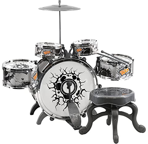 Childs Kids Drum Kit Jazz Band Sound Drums Play Set Musical Toy With Stool (Black and White)