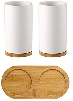 Deux Gobelets en Ceramique pour Brosse à Dents, Blanc, Support en Bois de Bambou